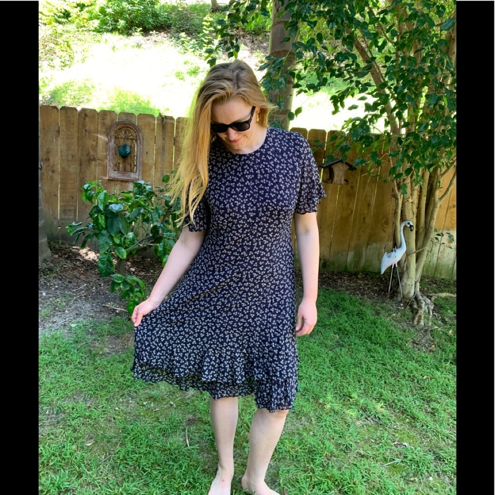 Vintage Short Sleeved Navy Dress with Flowers